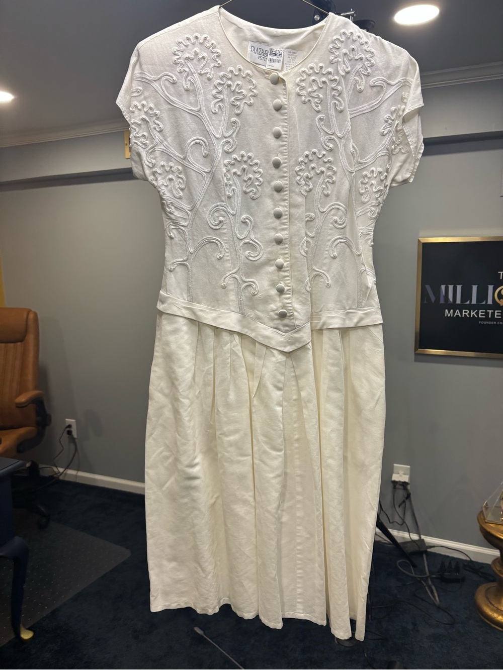 Vintage Cream Embroidered Button-Front Midi Dress